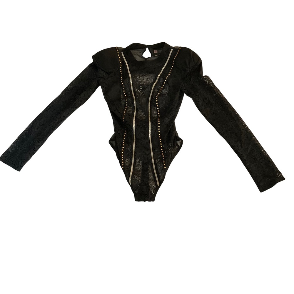 Victoria's Secret Bodysuit Womens S Black Lace Studded Rhinestone Long Sleeve